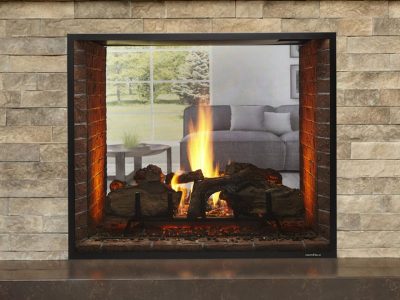 See-Through Direct Vent Fireplace wrapped in tiles